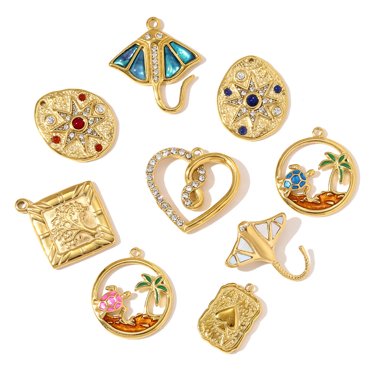 6pcs/pack Stainless Steel Life Tree Devil Ray DIY Charms Crystal Star Heart Necklace Pendants Women Poker Plam Tree Jewelry Wholesale