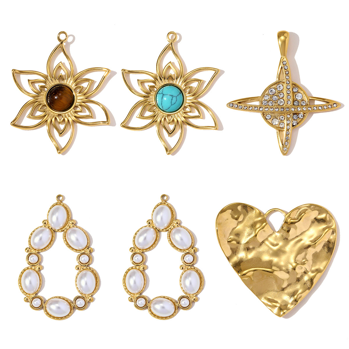 6pcs/pack Stainless Steel Large Heart DIY Charms Natural Stone Flower Necklace Pendants Women Waterdrop Planet Jewelry Wholesale