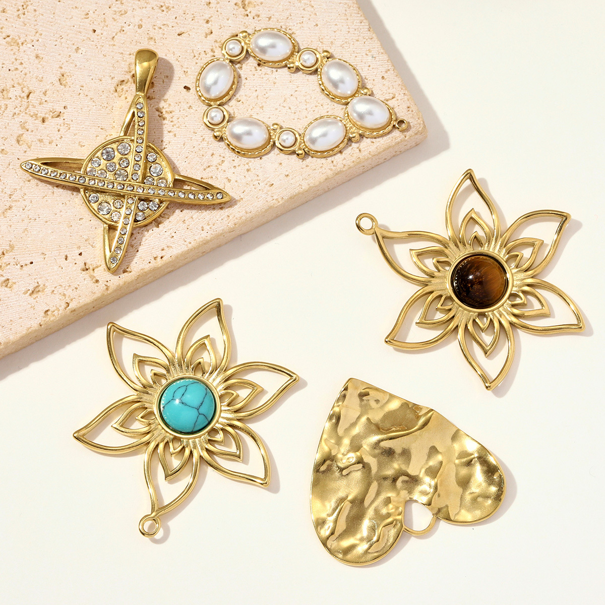 6pcs/pack Stainless Steel Large Heart DIY Charms Natural Stone Flower Necklace Pendants Women Waterdrop Planet Jewelry Wholesale