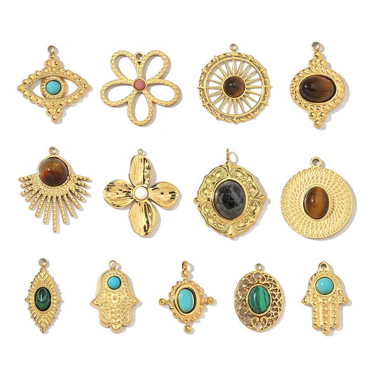 6pcs/pack Religious Stainless Steel Sun Eye Hamsa Hand Charms Natural Semi Precious Stone Necklace DIY Small Pendant Wholesale