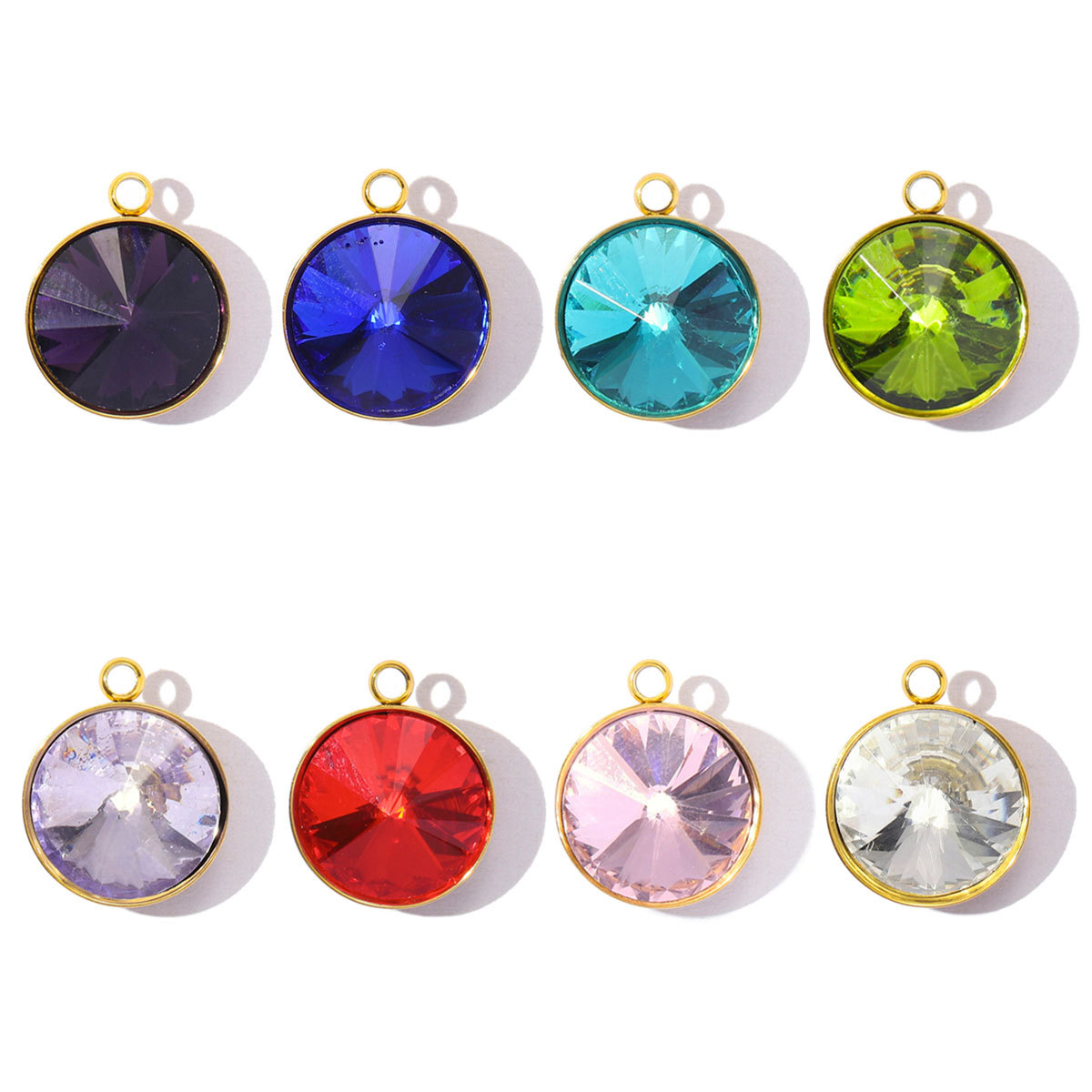 6pcs/Lot Geometric Stainless Steel Rainbow Crystal Stone DIY Charms Round  Rhinestone Faceted Necklace Pendants Women Jewelry