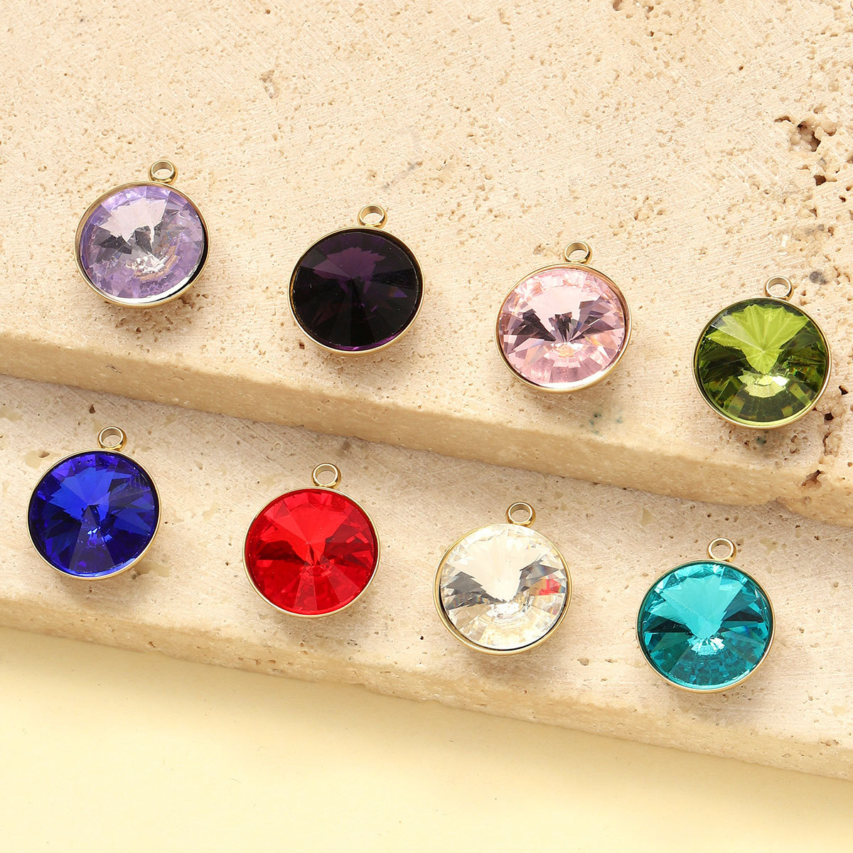 6pcs/Lot Geometric Stainless Steel Rainbow Crystal Stone DIY Charms Round  Rhinestone Faceted Necklace Pendants Women Jewelry