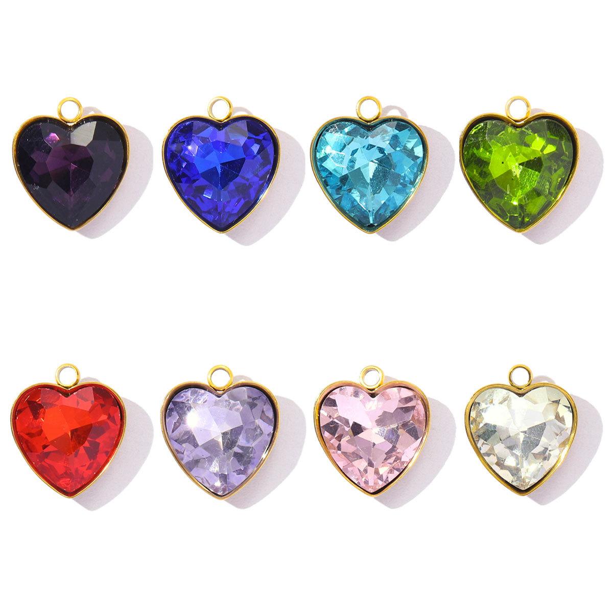 6pcs/Lot Fashion Stainless Steel Rainbow Crystal Glass DIY Charms Rhinestone Faceted Love Heart Necklace Pendants Women Jewelry