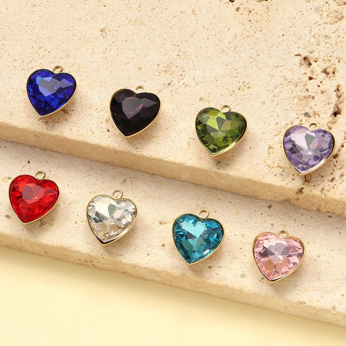 6pcs/Lot Fashion Stainless Steel Rainbow Crystal Glass DIY Charms Rhinestone Faceted Love Heart Necklace Pendants Women Jewelry