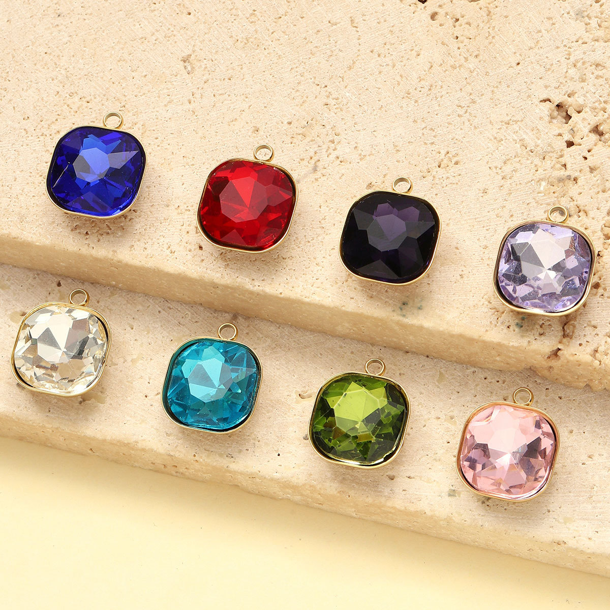 6pcs/Lot Fashion Stainless Steel Sugar Cube Crystal Stone DIY Charms Colorful Rhinestone Faceted Necklace Pendants Women Jewelry