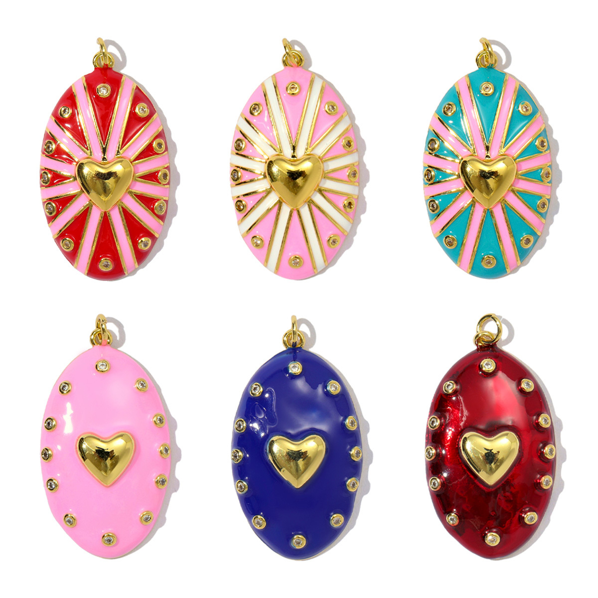 6pcs/pack Fashion Copper Zircon Enamel Love Heart DIY Charms Colorful Fireworks Oval Necklace& Earring Pendants Women Jewelry