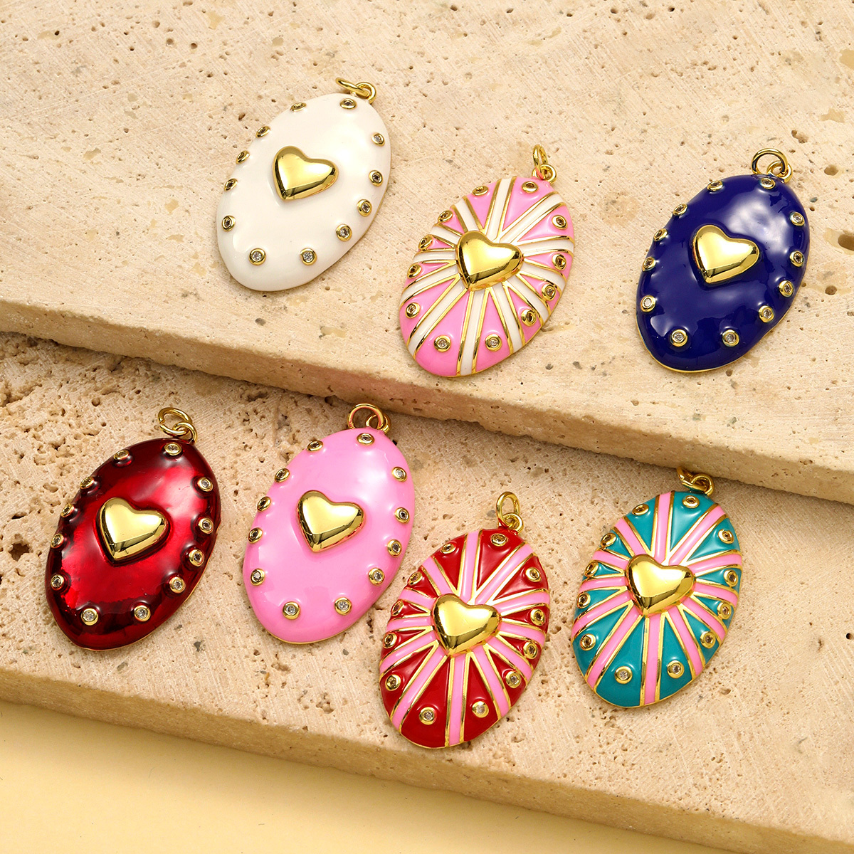 6pcs/pack Fashion Copper Zircon Enamel Love Heart DIY Charms Colorful Fireworks Oval Necklace& Earring Pendants Women Jewelry
