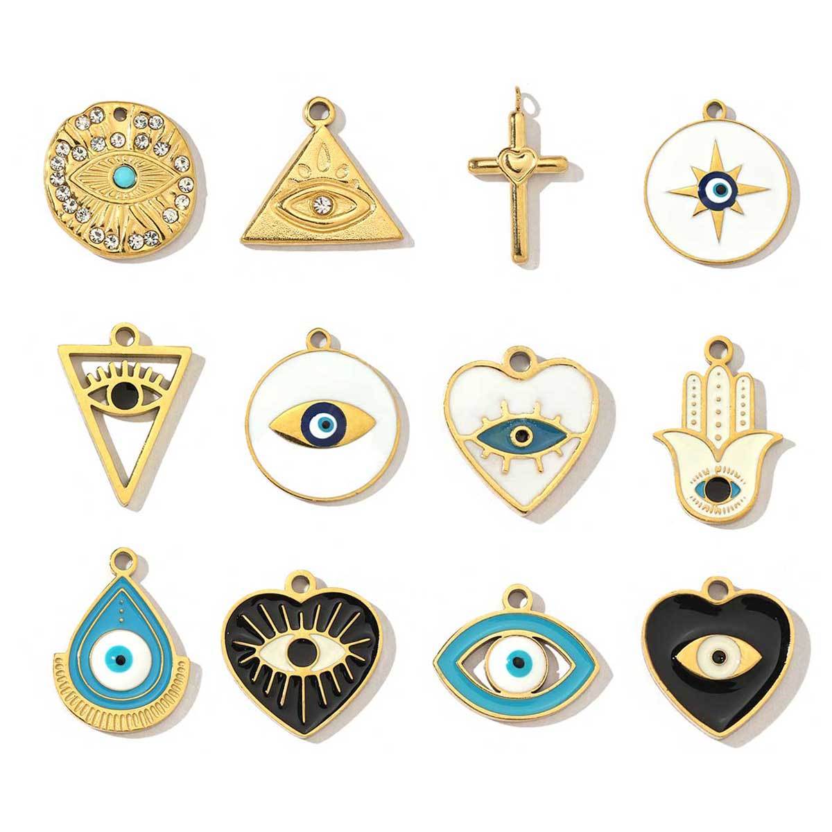 6pcs/pack Religious Stainless Steel Enamel Eye Cross Hamsa Hand Charms Heart Triangle Stone Necklace DIY Small Pendant Wholesale