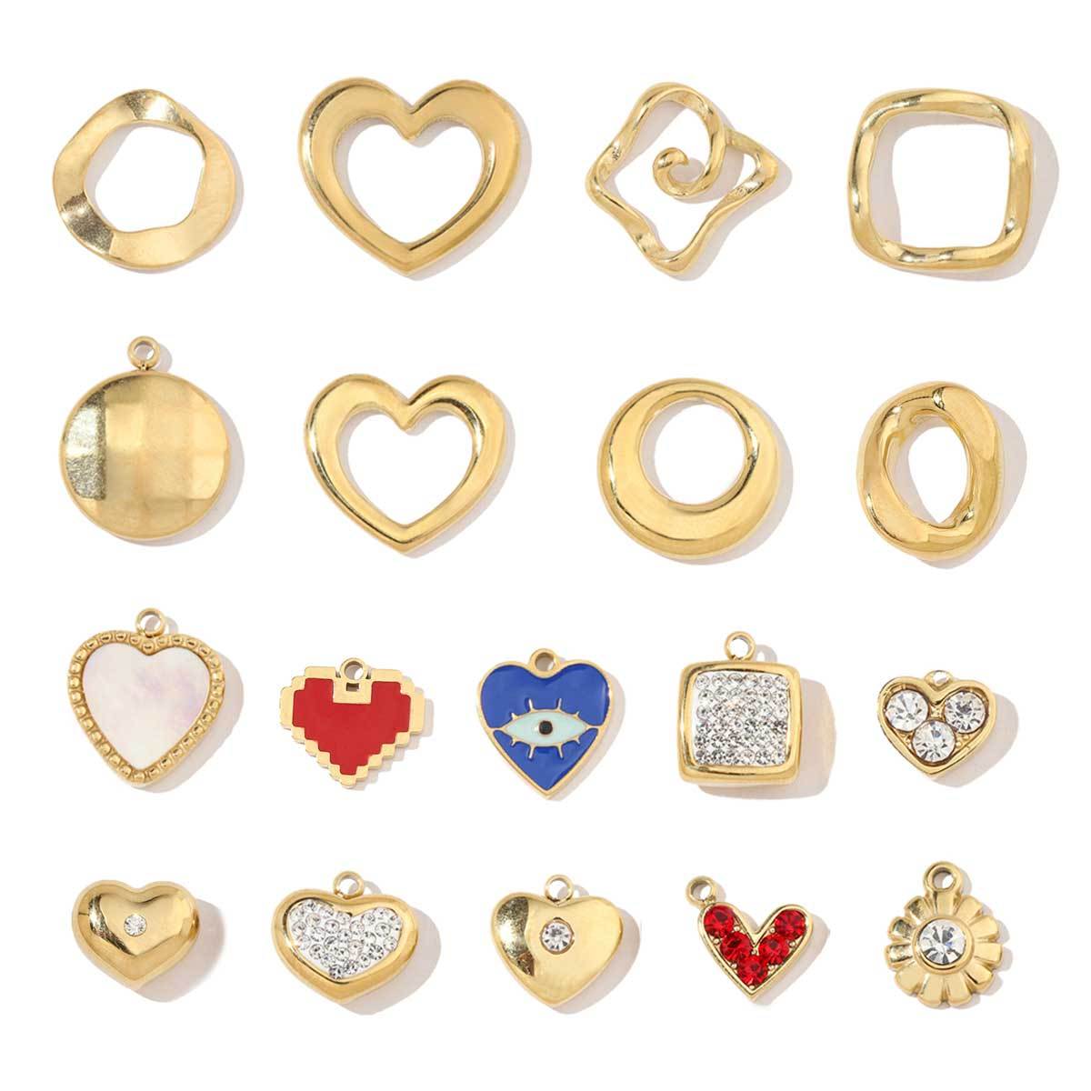 6pcs/pack French Style Stainless Steel Gold Color Hollow Geometric Charms Enamel Heart DIY Small Accessories For Necklaces Making