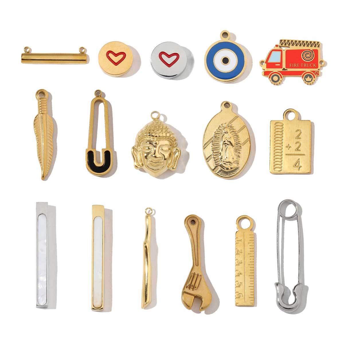 6pcs/pack Stainless Steel 18k Gold Color Heart Buddha Eye Charms Wholesale Pin Spanner DIY Small Pendant For Jewelry Making