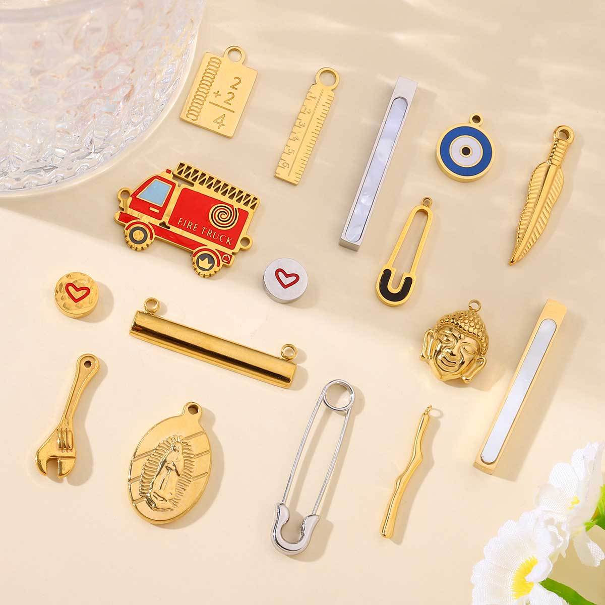 6pcs/pack Stainless Steel 18k Gold Color Heart Buddha Eye Charms Wholesale Pin Spanner DIY Small Pendant For Jewelry Making