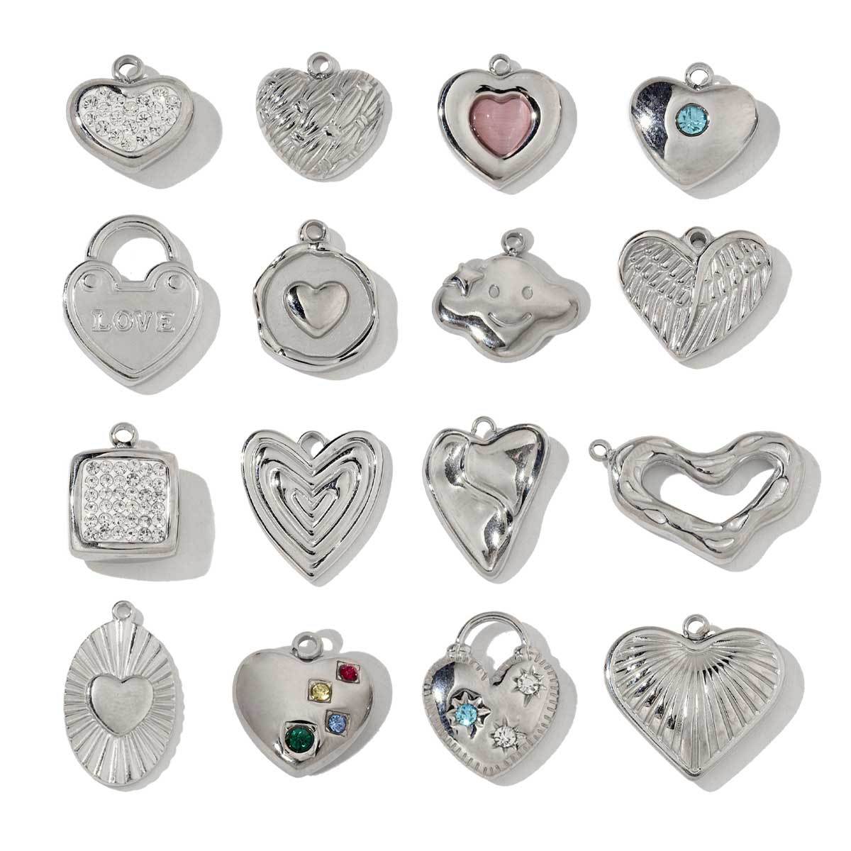 6pcs/pack Stainless Steel Metal Color Irregular Love Heart Wing Charms  Lock Cloud Geometry Necklace DIY Small Pendant Wholesale