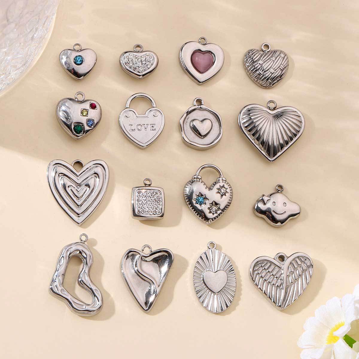 6pcs/pack Stainless Steel Metal Color Irregular Love Heart Wing Charms  Lock Cloud Geometry Necklace DIY Small Pendant Wholesale