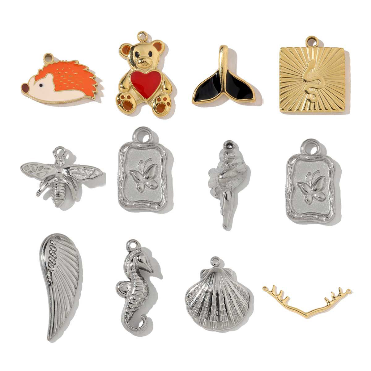 6pcs/pack French Style Stainless Steel Hedgehog Mermaid Charms Bear Wings Seahorse Dog Necklace DIY Small Pendant Wholesale