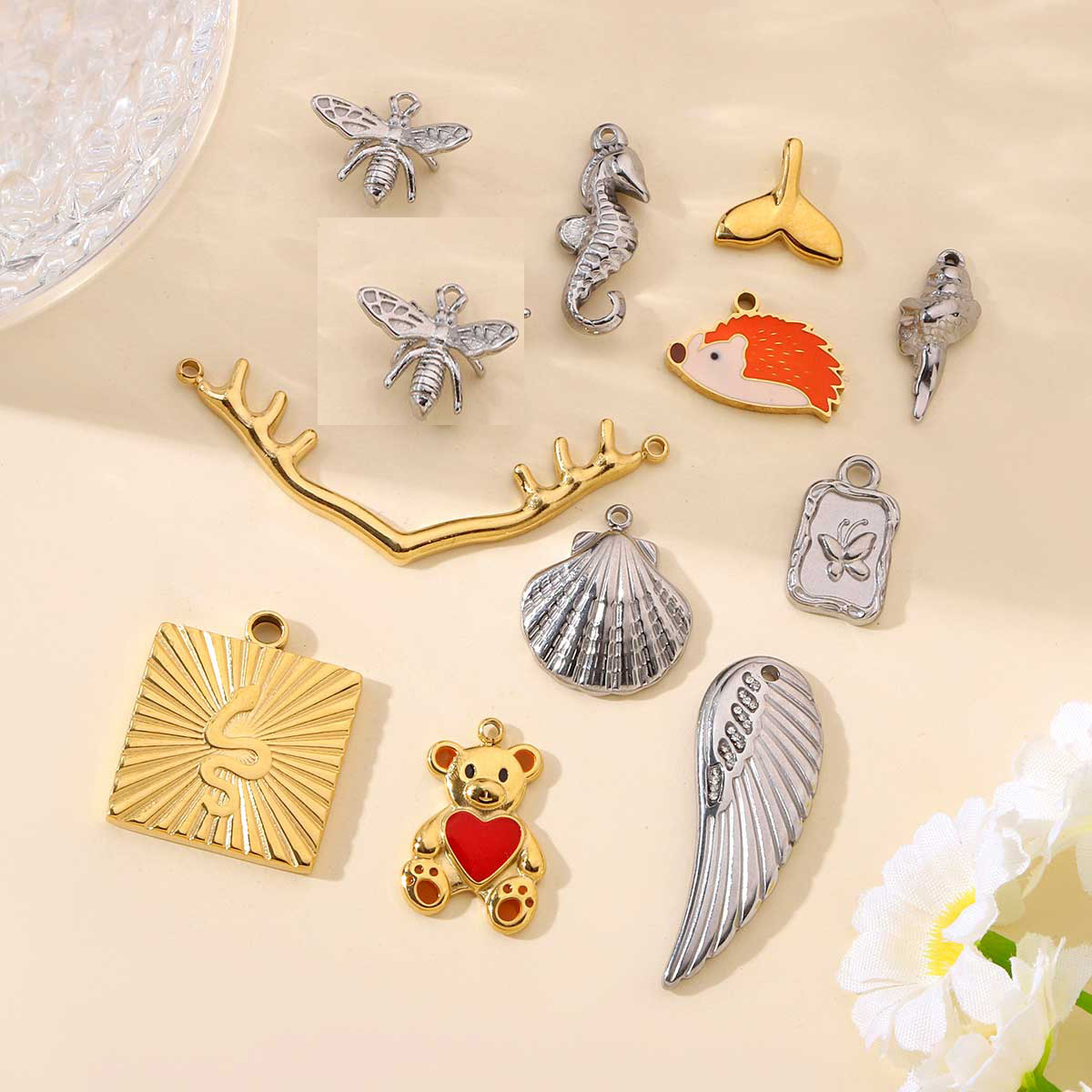 6pcs/pack French Style Stainless Steel Hedgehog Mermaid Charms Bear Wings Seahorse Dog Necklace DIY Small Pendant Wholesale