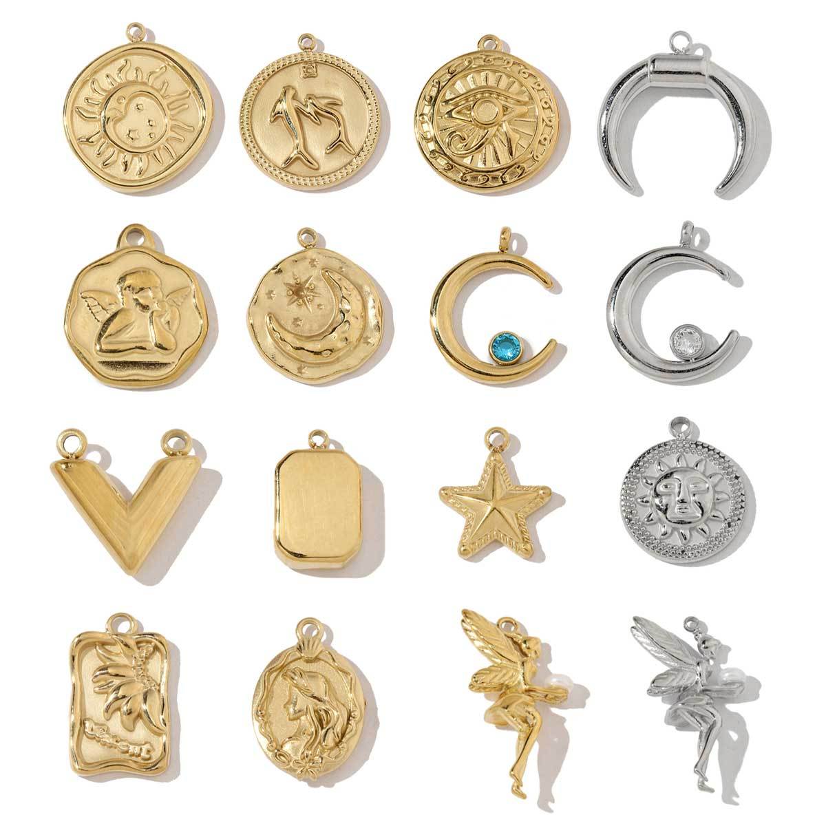 6pcs/pack Stainless Steel Crescent Angel Eye Sun Charms Square Brick Palm Leaf Starfish Necklace DIY Small Pendant Wholesale