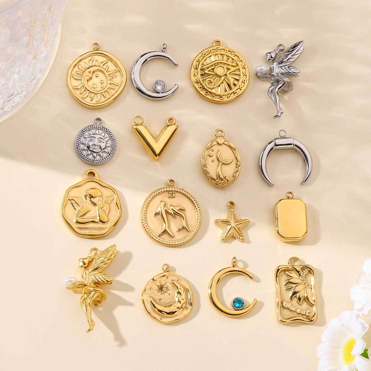 6pcs/pack Stainless Steel Crescent Angel Eye Sun Charms Square Brick Palm Leaf Starfish Necklace DIY Small Pendant Wholesale