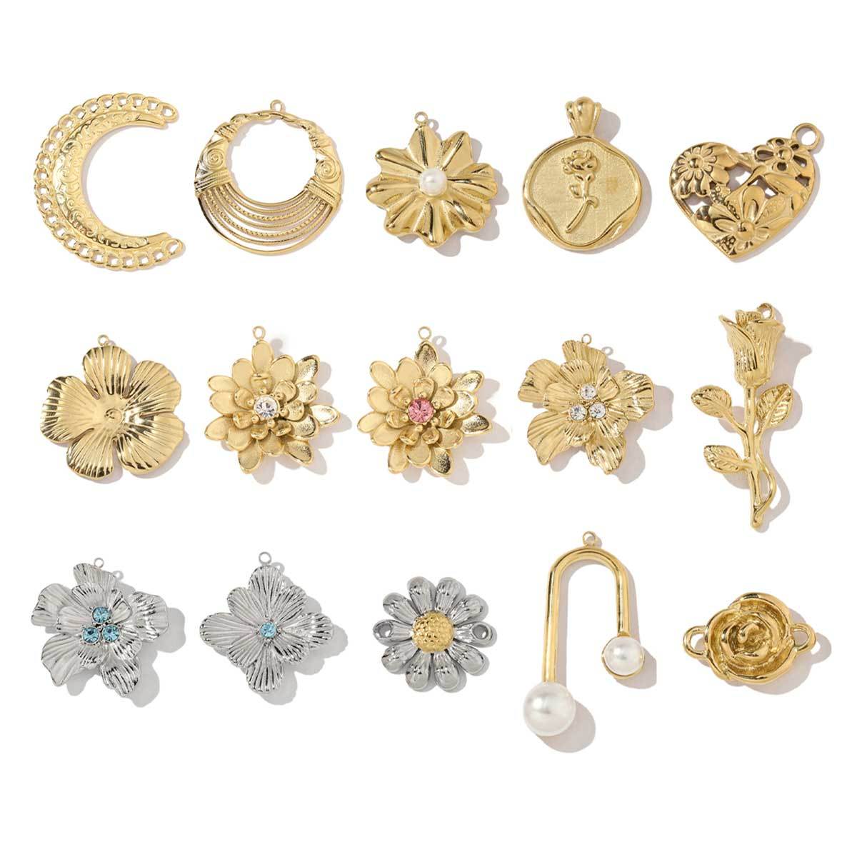 6pcs/pack Wholesale French Daisy Leaf DIY Charms 3D Rose Crescent Stainless Steel Neacklace Pendant Jewelry Accessory