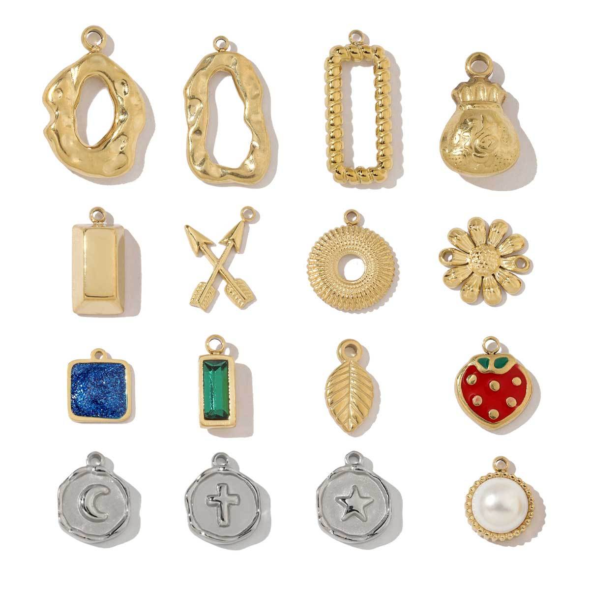 6pcs/pack Stainless Steel Geometric Nugget Lucky Bag Charms Daisy Strawberry DIY Small Pendants Wholesale