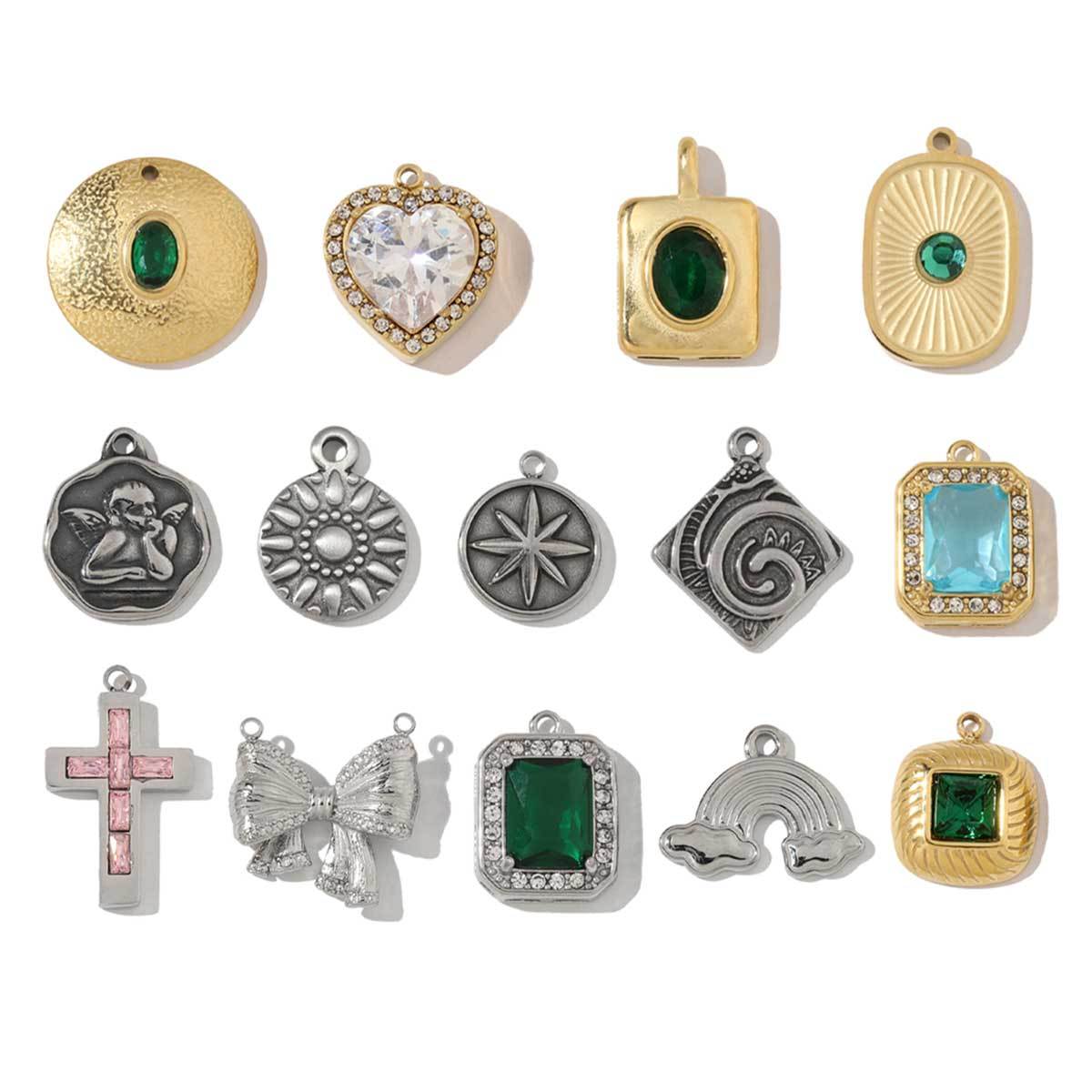 6pcs/pack French Stainless Steel Bow Oval Heart-shaped Zircon Charms Star Cross Angel Necklace DIY Small Pendant Wholesale