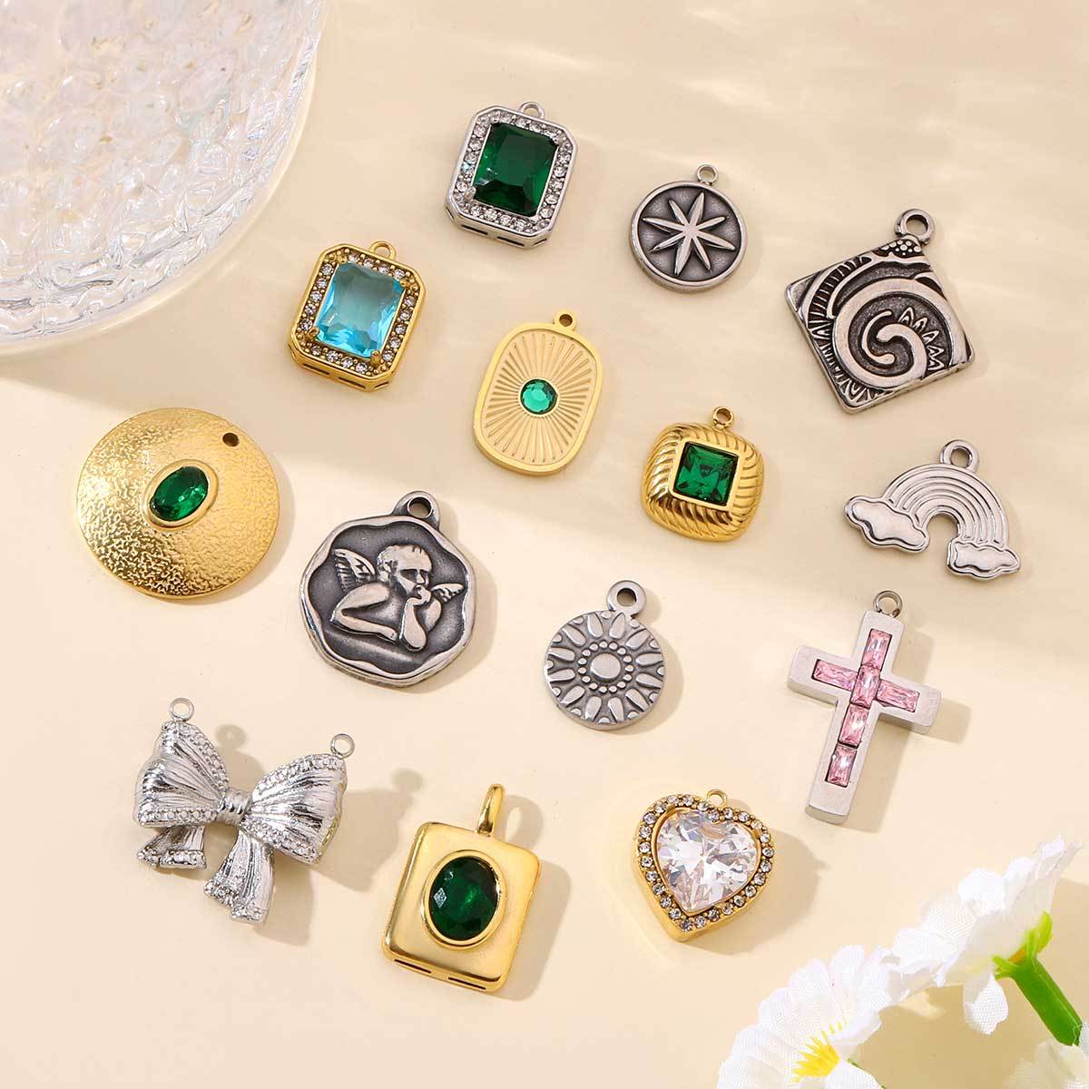 6pcs/pack French Stainless Steel Bow Oval Heart-shaped Zircon Charms Star Cross Angel Necklace DIY Small Pendant Wholesale
