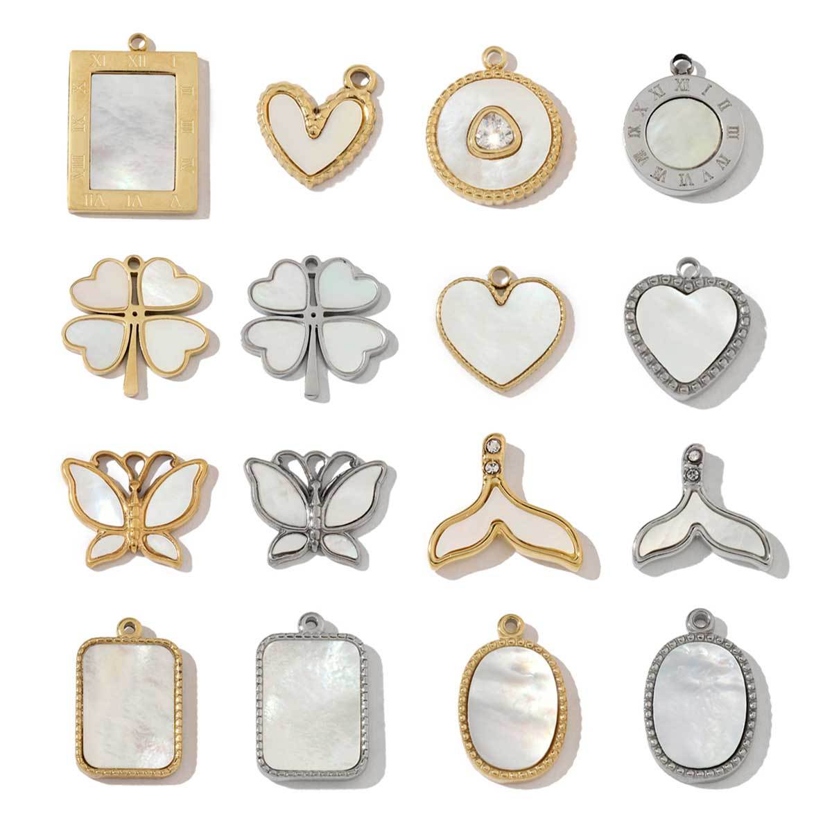 6pcs/pack French Stainless Steel Round Heart-Shaped Shell Zircon Charms Clover Butterfly Necklace DIY Small Pendant Accessory
