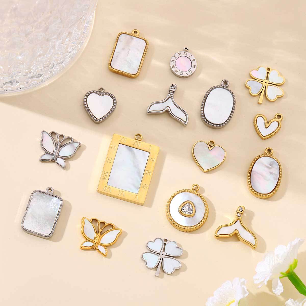 6pcs/pack French Stainless Steel Round Heart-Shaped Shell Zircon Charms Clover Butterfly Necklace DIY Small Pendant Accessory