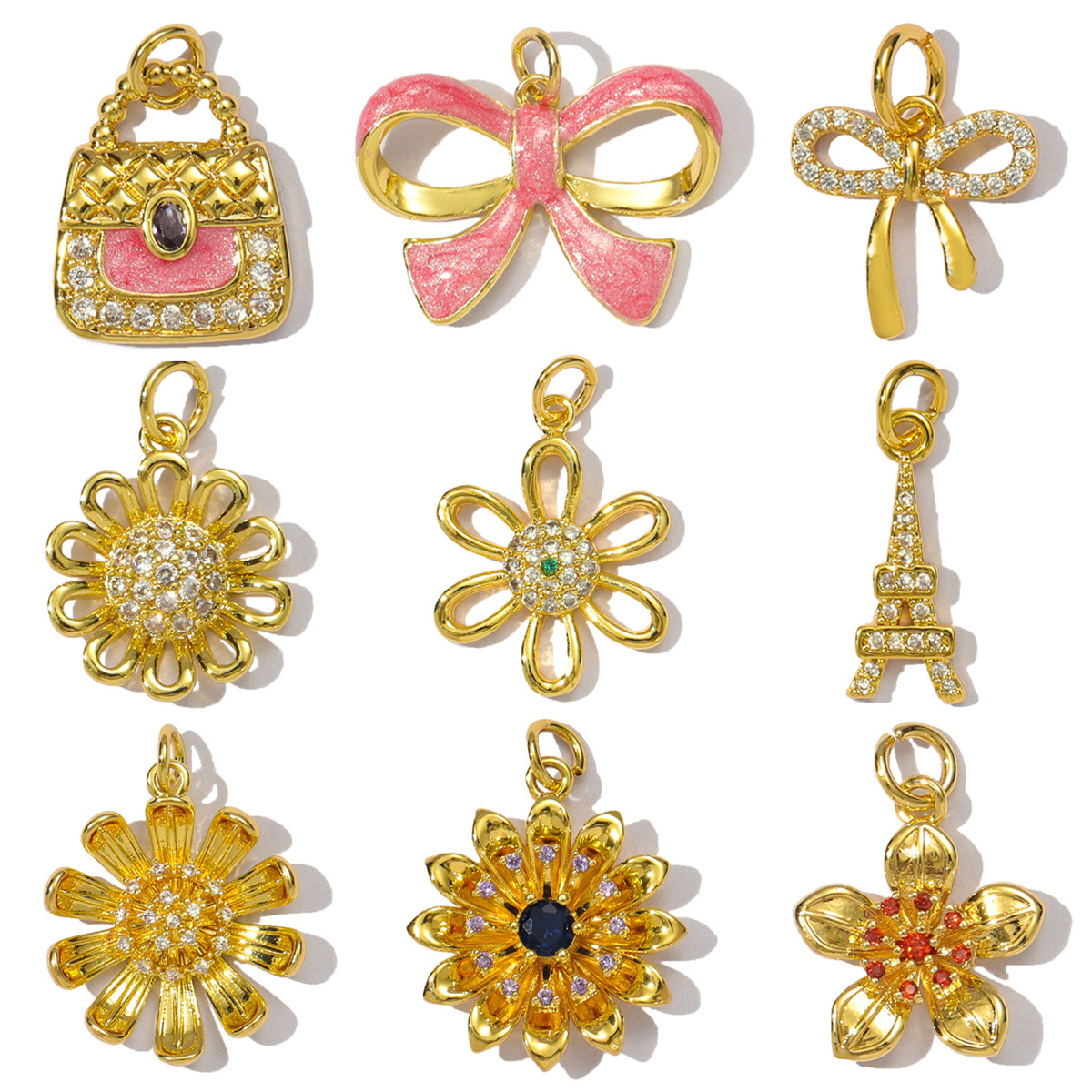 6pcs/pack Copper Cubic Zircon Daisy Sunflower Diy Charms Women Bow Knot Bag Necklace Pendant Eiffel Tower Jewelry Wholesale