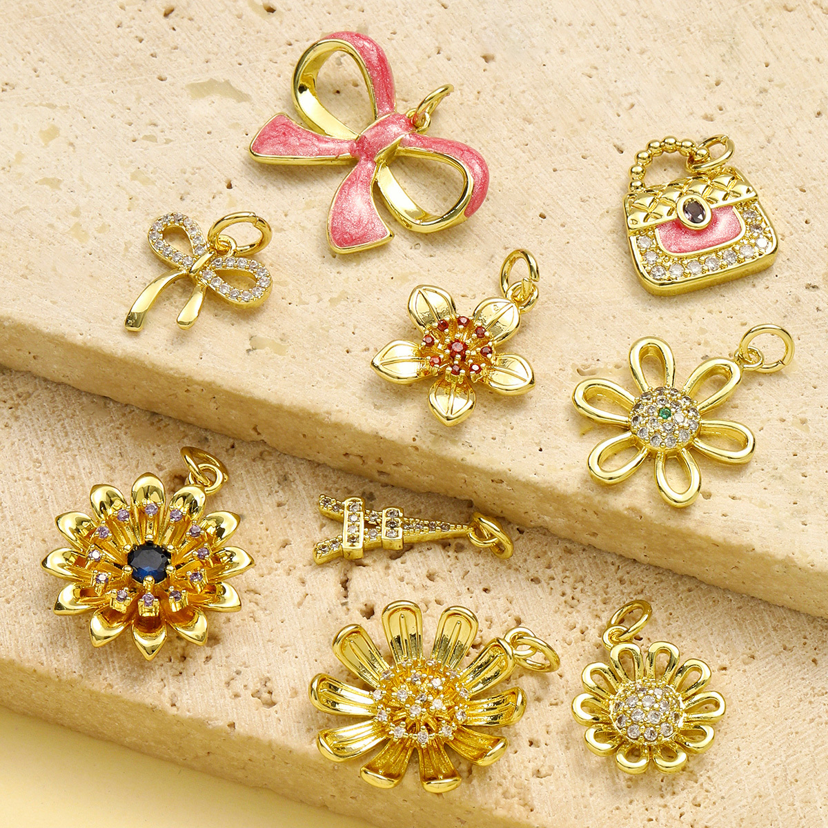 6pcs/pack Copper Cubic Zircon Daisy Sunflower Diy Charms Women Bow Knot Bag Necklace Pendant Eiffel Tower Jewelry Wholesale