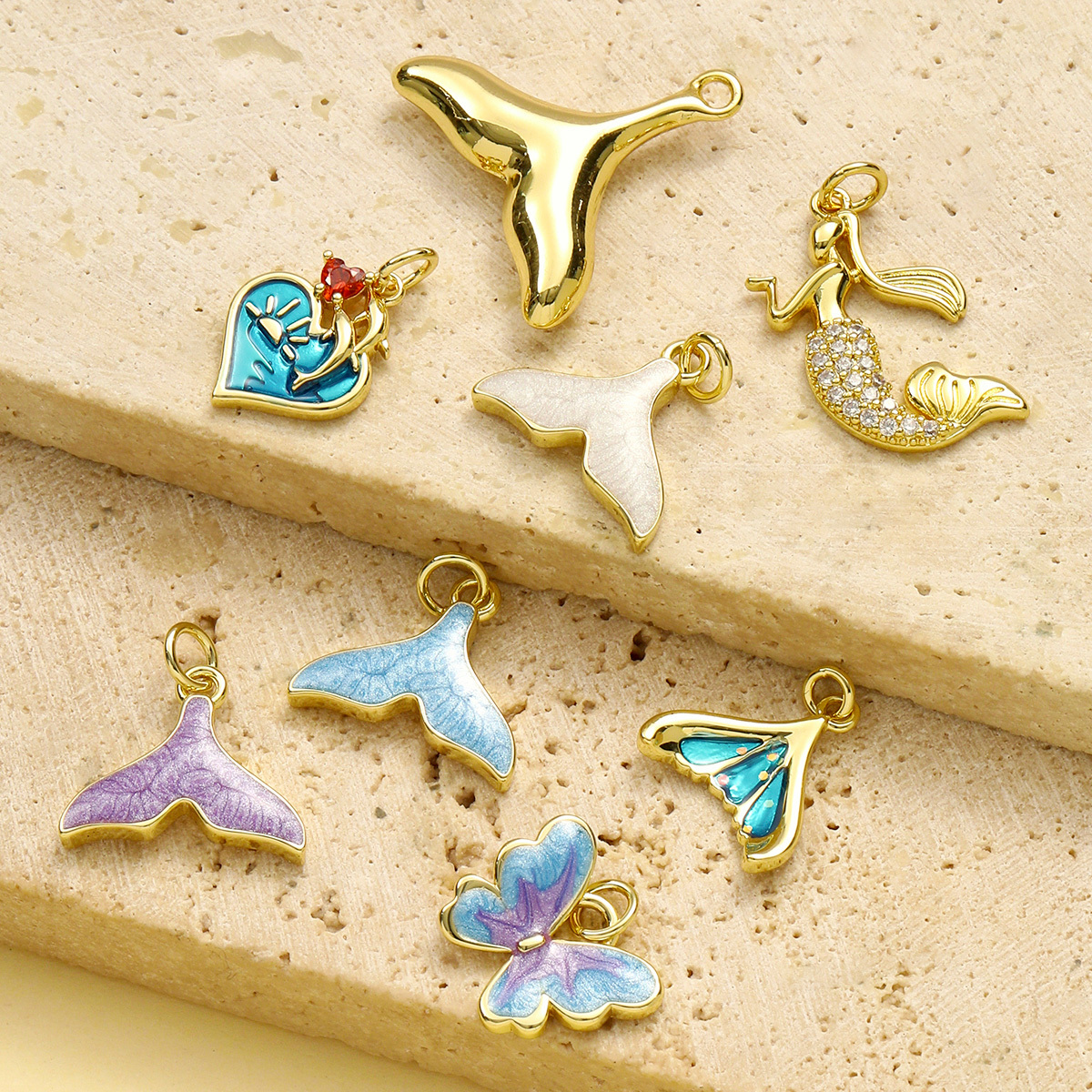 6pcs/pack Copper Cubic Zircon Women Butterfly Heart Necklace Pendant Enamel Mermaid Tail Diy Charms Dolphin Jewelry Wholesale