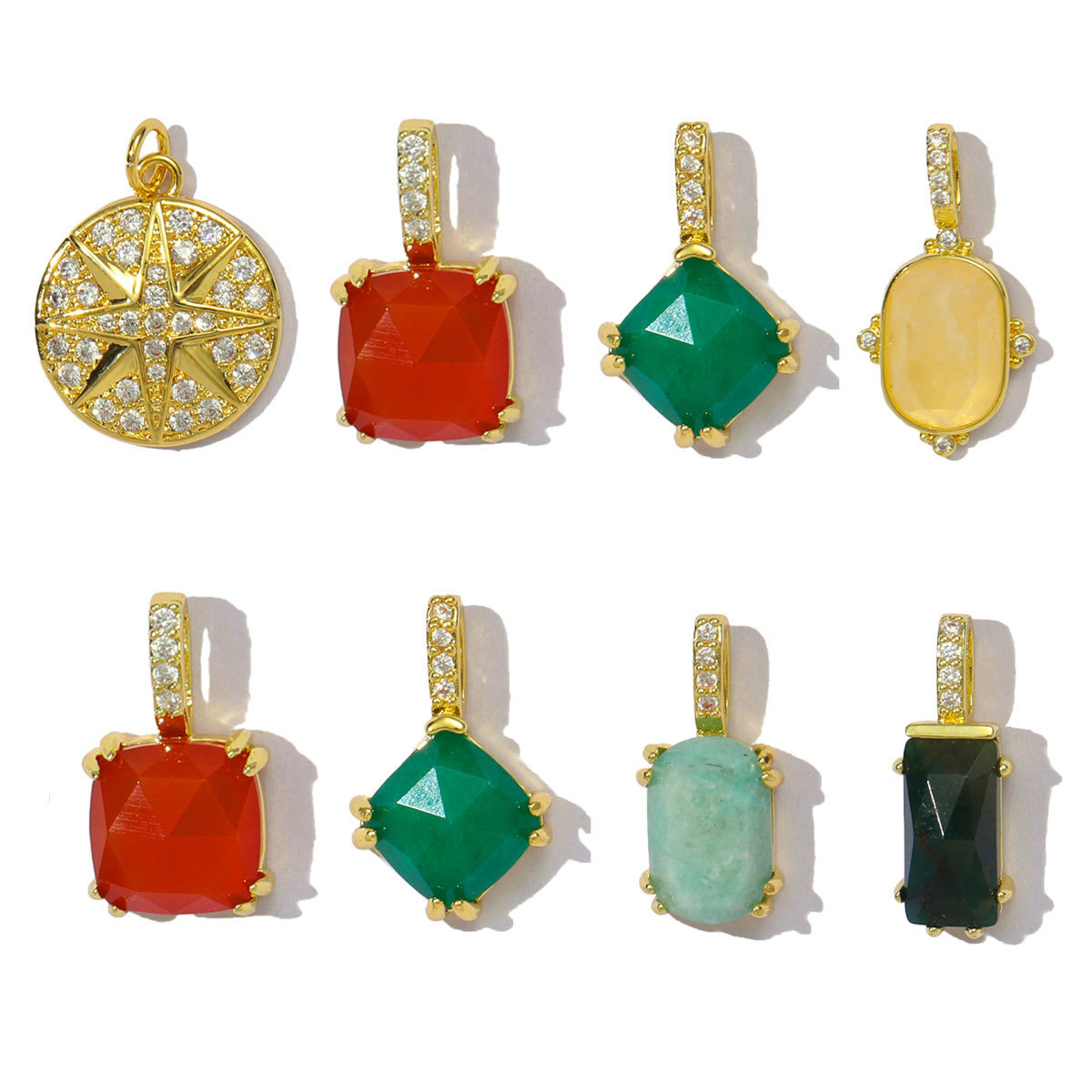 6pcs/pack Fashion Copper Natural Stone Oval Square Necklace Pendant Cubic Zircon Star Wine Glass Diy Bracelet Charms Jewelry Wholesale