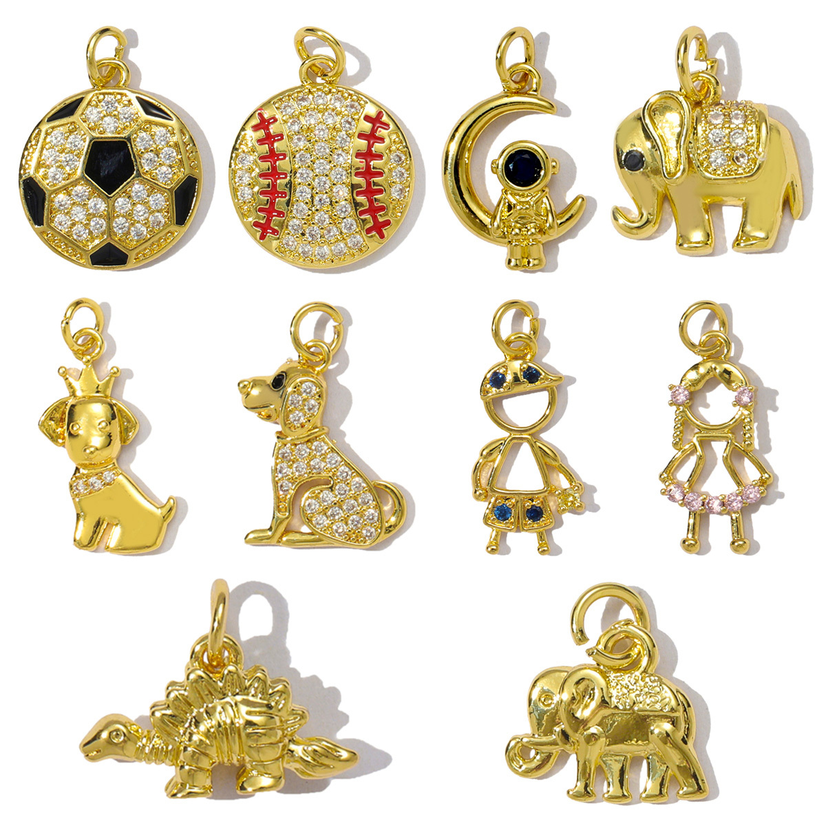 6pcs/pack Copper Cubic Zircon Little Boy Girl Astronaut Necklace Pendant Football Baseball Diy Charms Dog Elephant Jewelry Wholesale