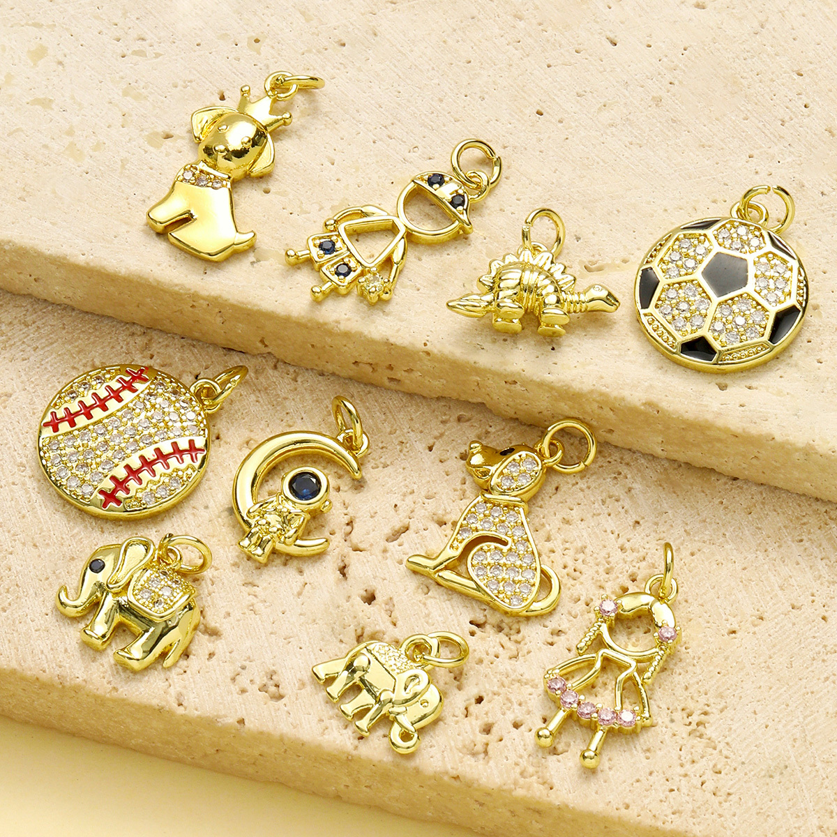 6pcs/pack Copper Cubic Zircon Little Boy Girl Astronaut Necklace Pendant Football Baseball Diy Charms Dog Elephant Jewelry Wholesale
