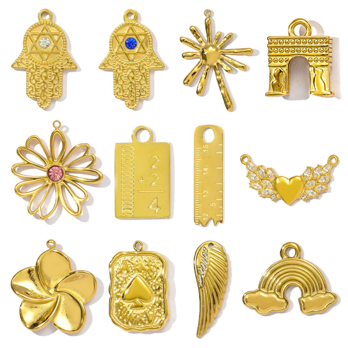 6pcs/pack Wholesale Stainless Steel Arc de Triomphe Rainbow Necklace Pendants Heart Flower DIY Charms Women Wing Rule Jewelry