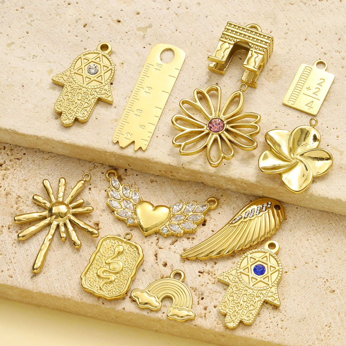 6pcs/pack Wholesale Stainless Steel Arc de Triomphe Rainbow Necklace Pendants Heart Flower DIY Charms Women Wing Rule Jewelry
