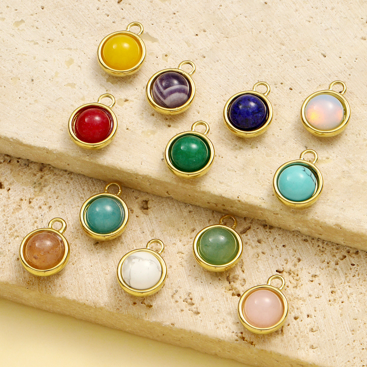 6pcs/pack Wholesale Stainless Steel Round Birthstone DIY Charms Women Natural Stone Powder Crystal Necklace Pendants Earrings Jewelry