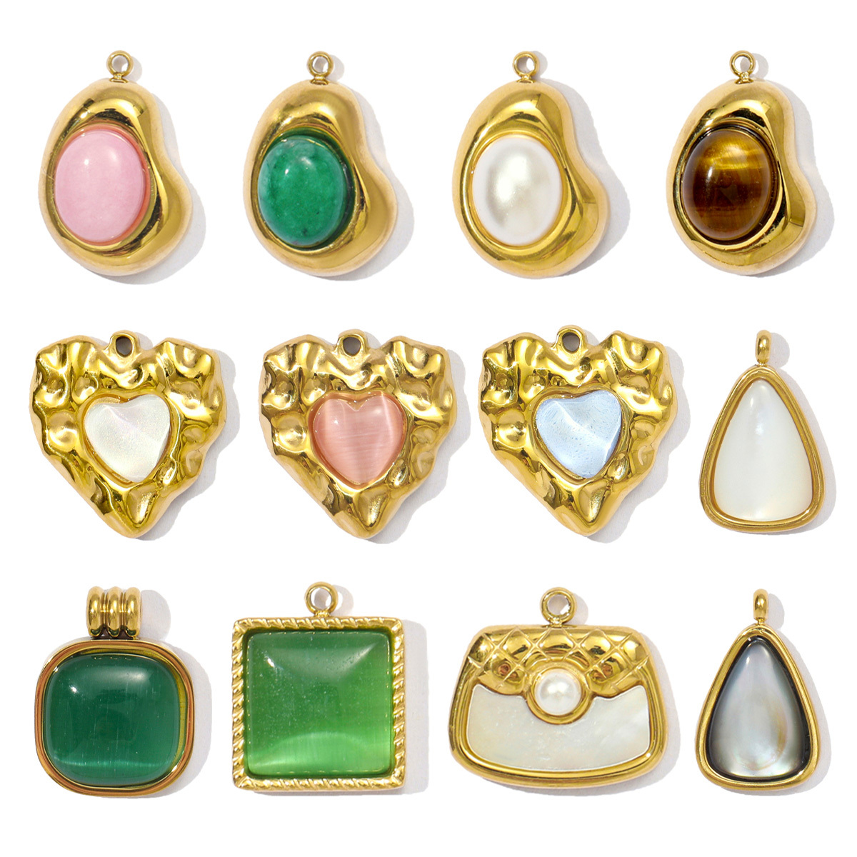 6pcs/pack French Stainless Steel Natural Stone Waterdrop DIY Charms Women African Jade Bean Necklace Pendants Love Heart Jewelry