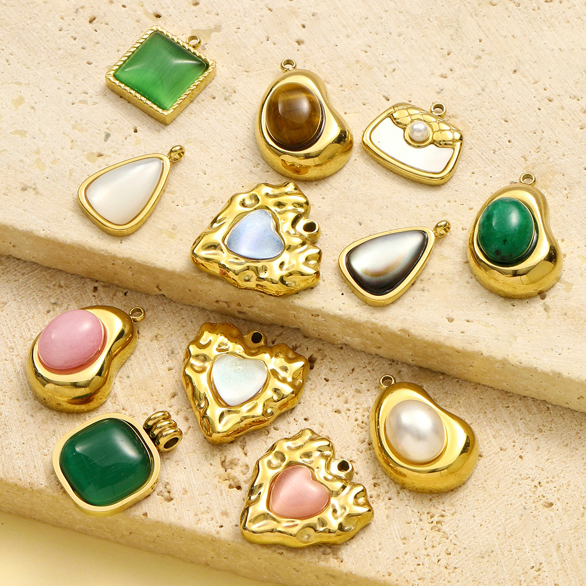 6pcs/pack French Stainless Steel Natural Stone Waterdrop DIY Charms Women African Jade Bean Necklace Pendants Love Heart Jewelry
