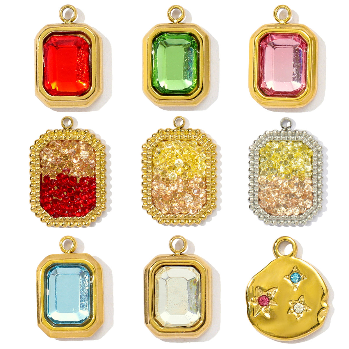 6pcs/pack French Retro Stainless Steel Rainbow Crystal DIY Charms Women Ceometric Round Star Necklace Pendants Jewelry Wholesale