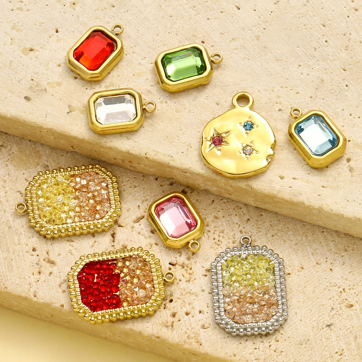 6pcs/pack French Retro Stainless Steel Rainbow Crystal DIY Charms Women Ceometric Round Star Necklace Pendants Jewelry Wholesale