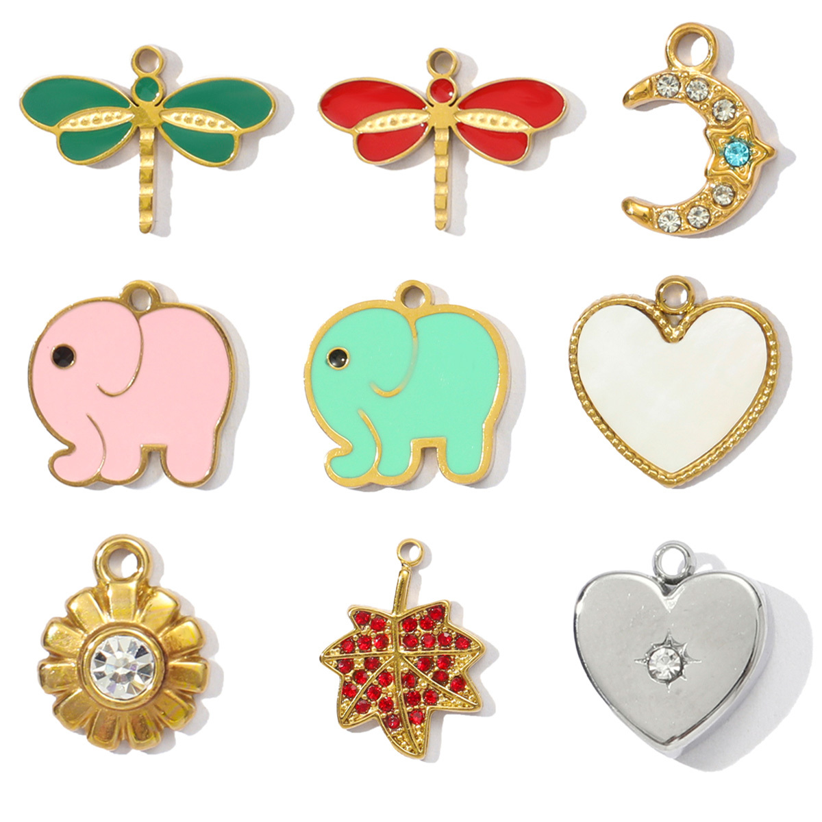 6pcs/pack Stainless Steel Enamel Elephant Dragonfly DIY Charms Women Crystal Flower Leaf Necklace Pendants Heart Jewelry Wholesale