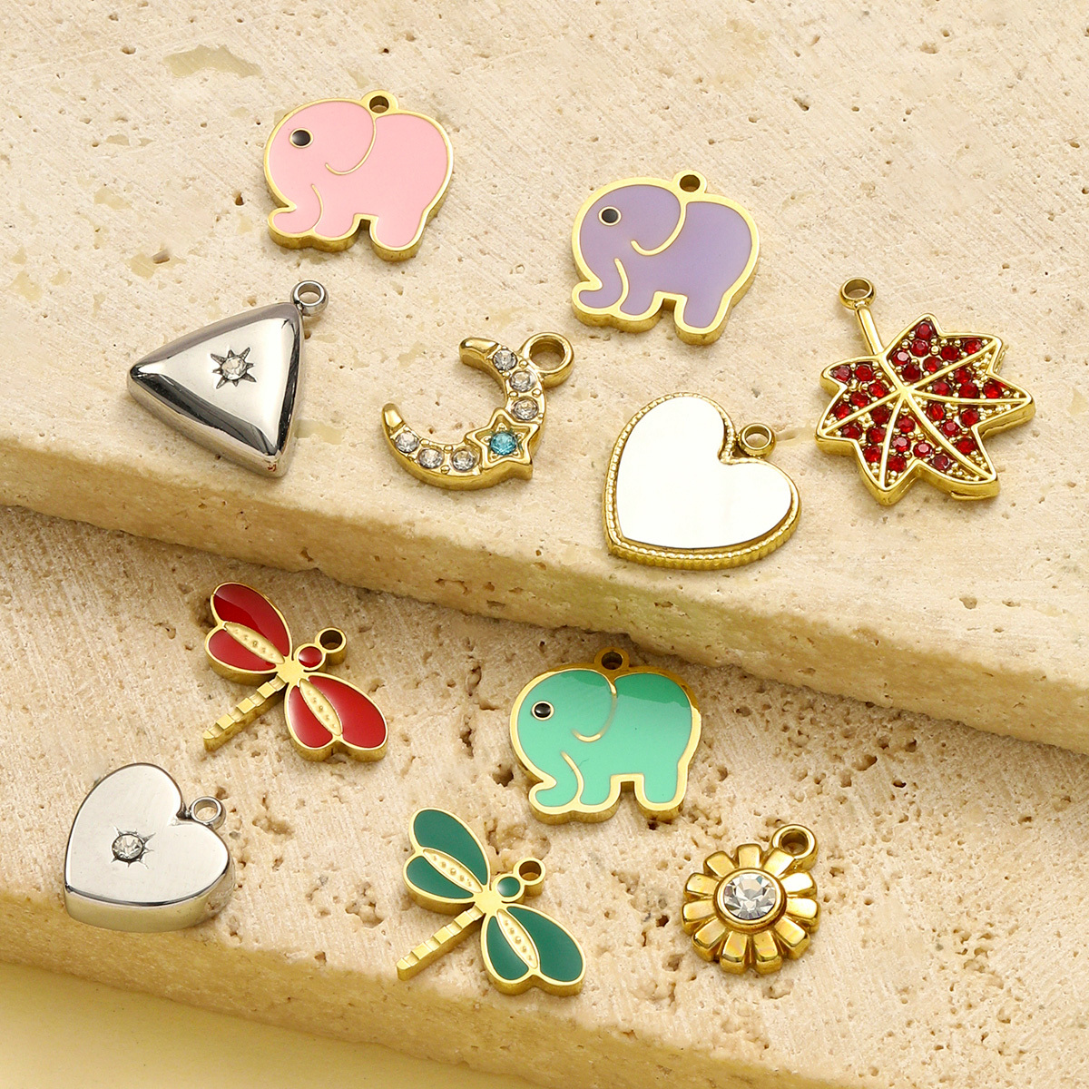 6pcs/pack Stainless Steel Enamel Elephant Dragonfly DIY Charms Women Crystal Flower Leaf Necklace Pendants Heart Jewelry Wholesale