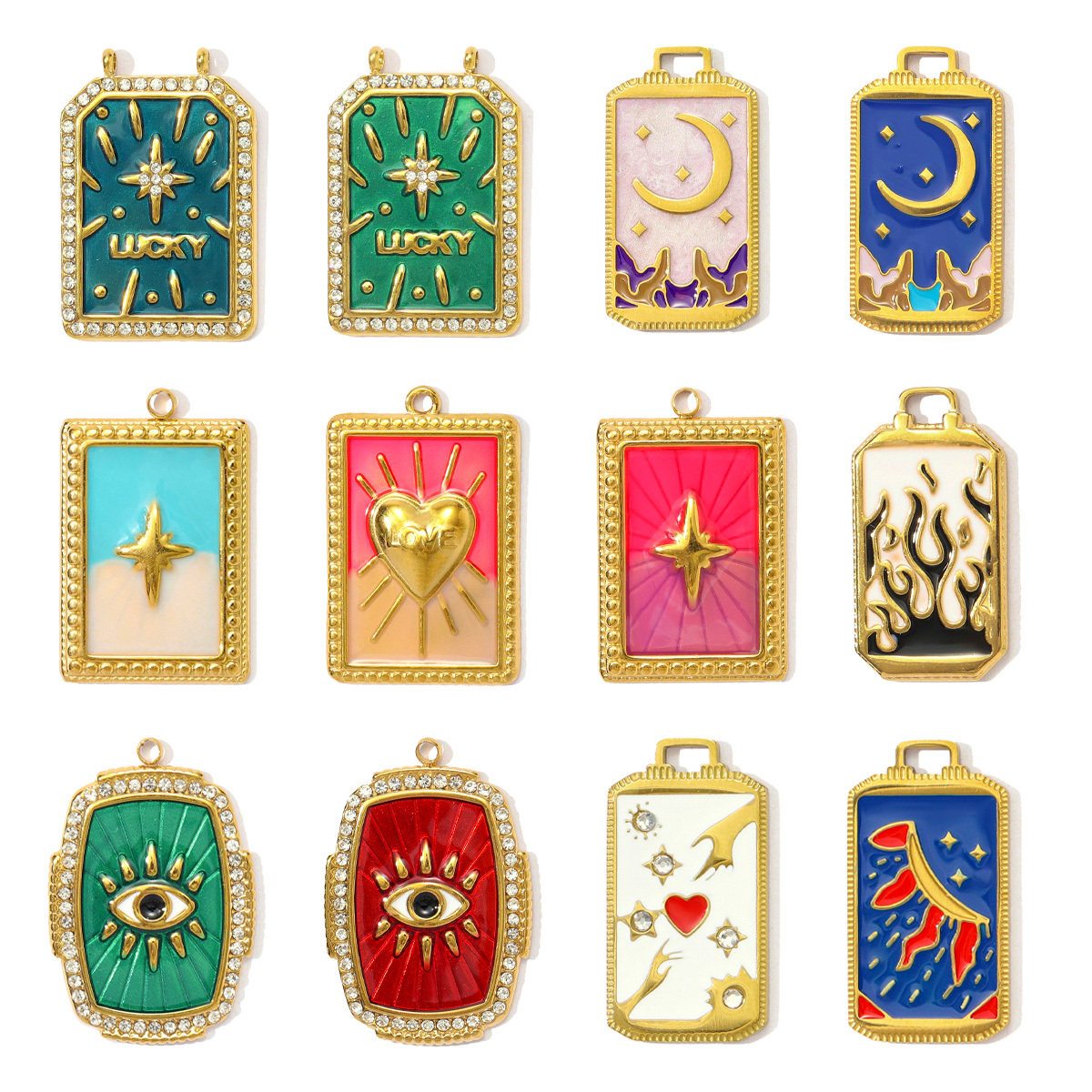6pcs/pack Wholesale Stainless Steel Enamel Tarot Card Necklace Pendants Star Crescent Moon DIY Charms Women Hand Eye Jewelry