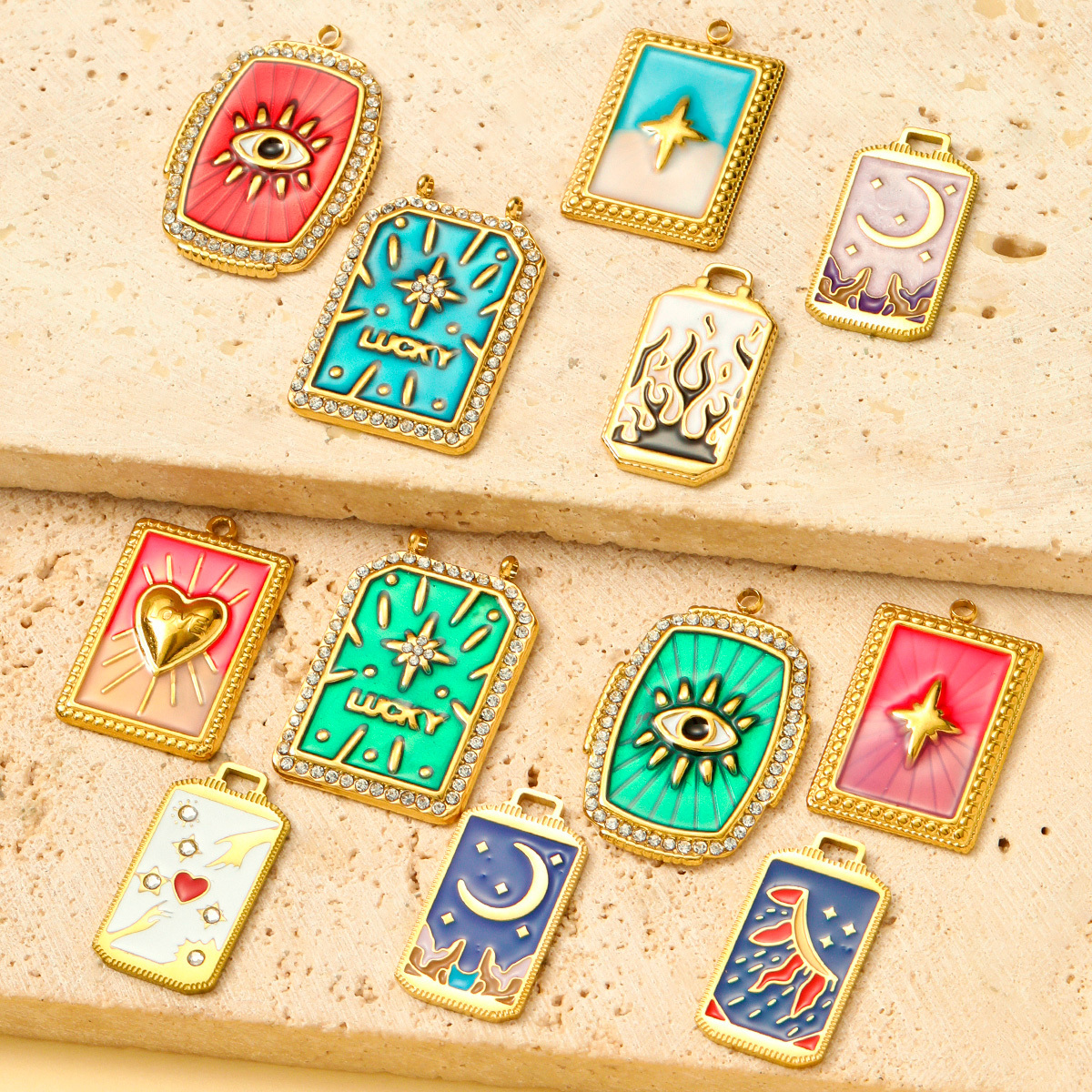 6pcs/pack Wholesale Stainless Steel Enamel Tarot Card Necklace Pendants Star Crescent Moon DIY Charms Women Hand Eye Jewelry