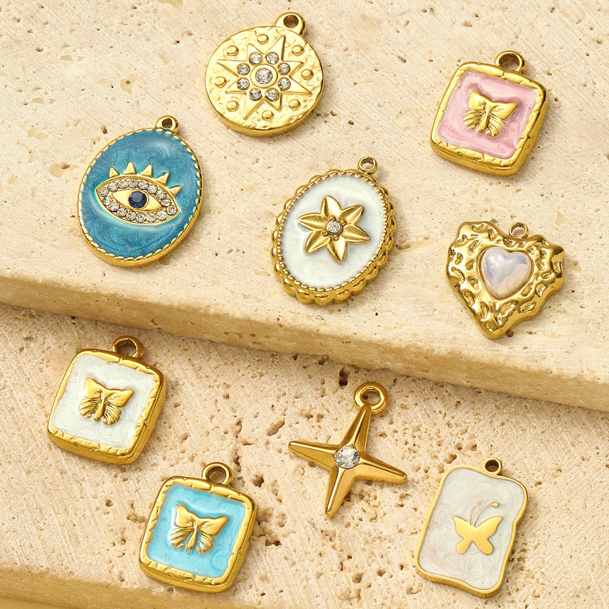 6pcs/pack Wholesale Stainless Steel Enamel Butterfly Flower DIY Charms Love Heart Star Necklace Pendants Women Evil Eye Jewelry