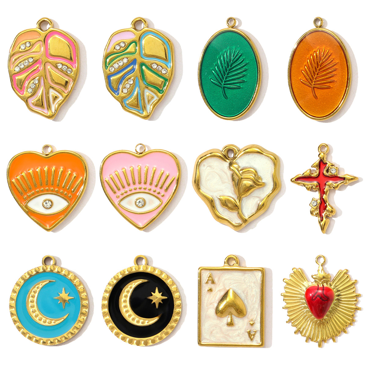 6pcs/pack Stainless Steel Love Rose Heart DIY Charms Enamel Evil Eye Moon Necklace Pendants Women Leaf Cross Jewelry Wholesale