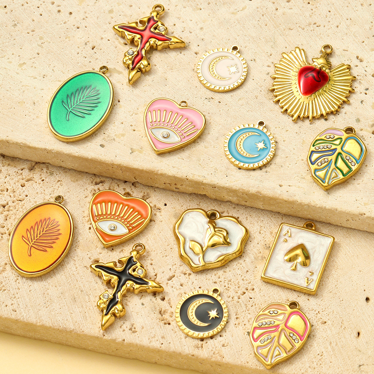 6pcs/pack Stainless Steel Love Rose Heart DIY Charms Enamel Evil Eye Moon Necklace Pendants Women Leaf Cross Jewelry Wholesale