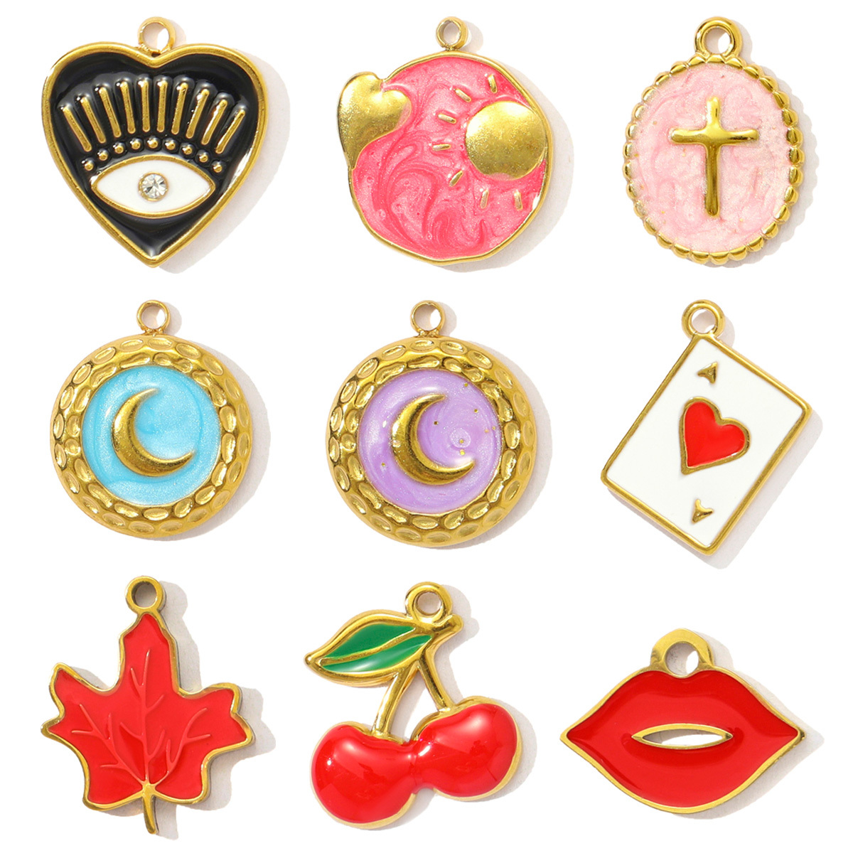6pcs/pack French Enamel Crescent Cross Stainless Steel DIY Charms Cherry Lip Maple Leaf Necklace Pendants Women Heart Sun Jewelry