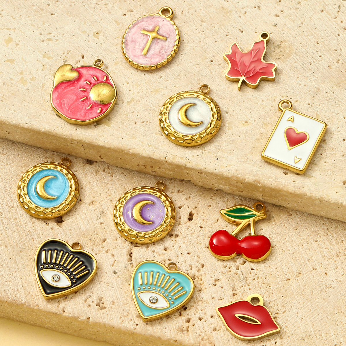 6pcs/pack French Enamel Crescent Cross Stainless Steel DIY Charms Cherry Lip Maple Leaf Necklace Pendants Women Heart Sun Jewelry