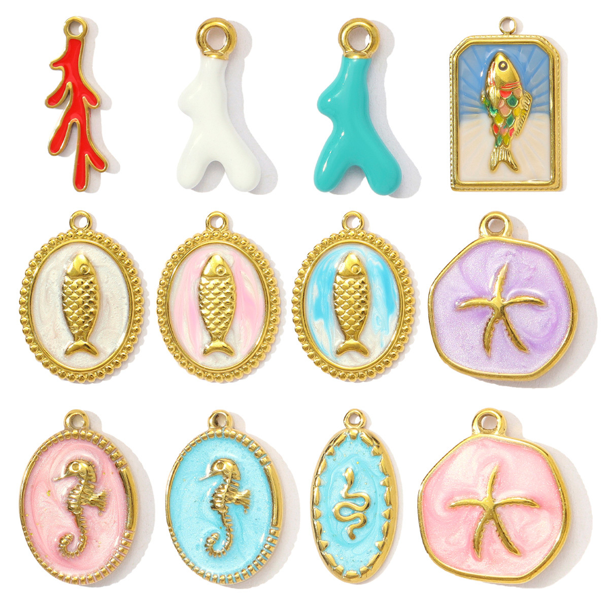 6pcs/pack Enamel Fish Seahorse Stainless Steel DIY Charms Starfish Coral Necklace Pendants Women Antler Snake Jewelry Wholesale